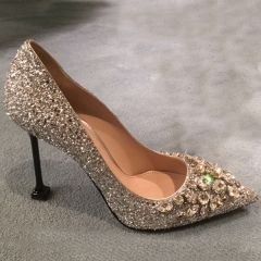 高跟鞋女17春季新款尖头水钻细跟浅口亮片性感女鞋单鞋女鞋 浅金色 33