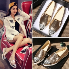 欧美2016春秋平底单鞋女尖头水钻真皮懒人鞋平跟乐福鞋渔夫女鞋潮 香槟色 35