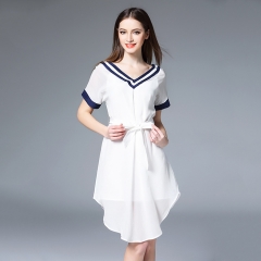 2017夏季新款女装欧美时尚真丝连衣裙短袖不规则两件套裙 白色 38