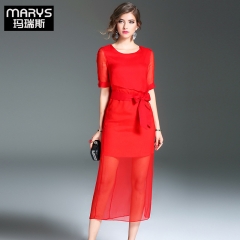 2017春夏女装新款圆领短袖蝴蝶结腰带修身气质真丝纯色连衣裙 红色 S