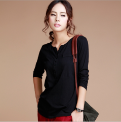 2017春装新款韩版大码长袖女式t恤 宽松百搭纯棉打底衫 黑色 M