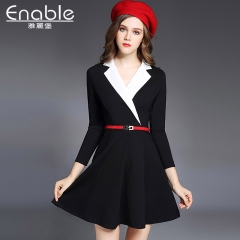 2017春装新款女装高档深v领连衣裙A字裙职业性感小黑裙潮一件代发 黑白色 S