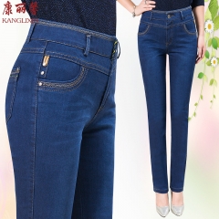 春款新品女裤高腰直筒牛仔裤女中年大码弹力长裤女修身直筒裤女 牛仔蓝 27