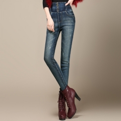 秋冬加厚高腰加绒牛仔裤女大码松紧腰铅笔裤胖MM显瘦小脚裤 X26B浅色 一尺九腰围(26码)