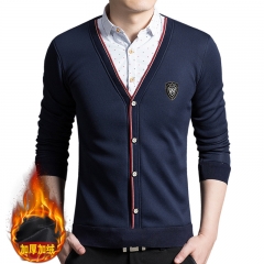 2017秋冬季新款男式假两件衬衫青年修身加绒加厚保暖衬衣打底衫潮 深蓝色 L