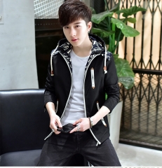 2017春季新款男装字母印花青年夹克男士韩版修身休闲潮流外套男 黑色 M