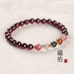 碧玺石榴石手链单圈14K金6A级酒红天然水晶手串女3多圈饰品678mm 3圈 5mm